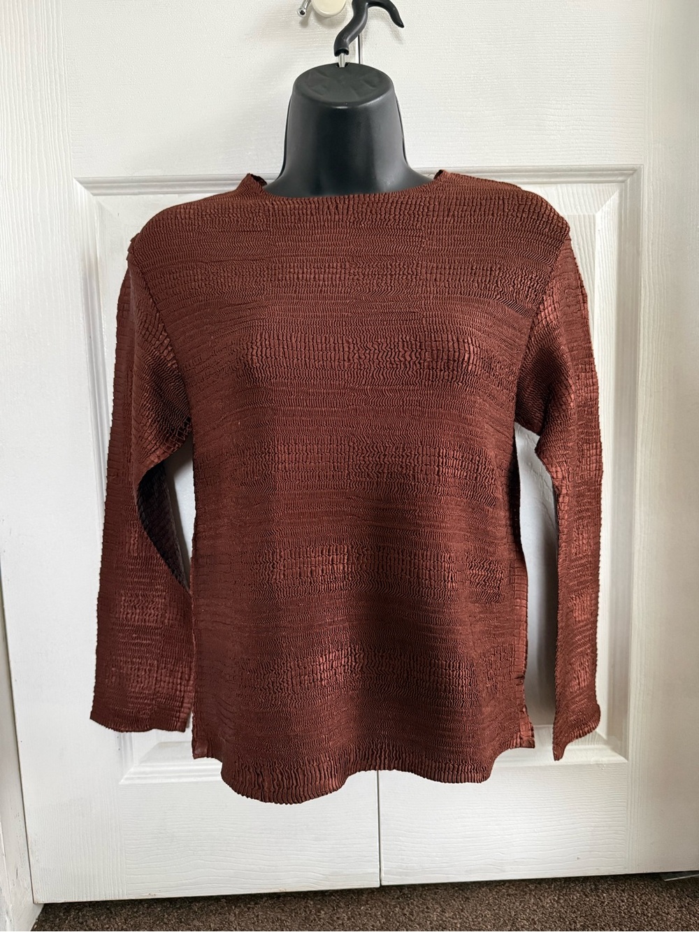 Vintage Crinkle Textured Long Sleeve Top - Rust